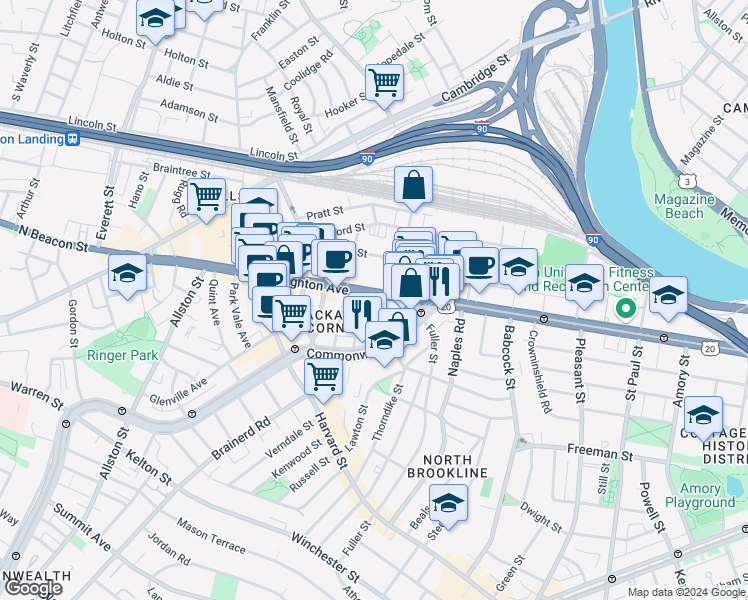 map of restaurants, bars, coffee shops, grocery stores, and more near 39 Brighton Avenue in Boston