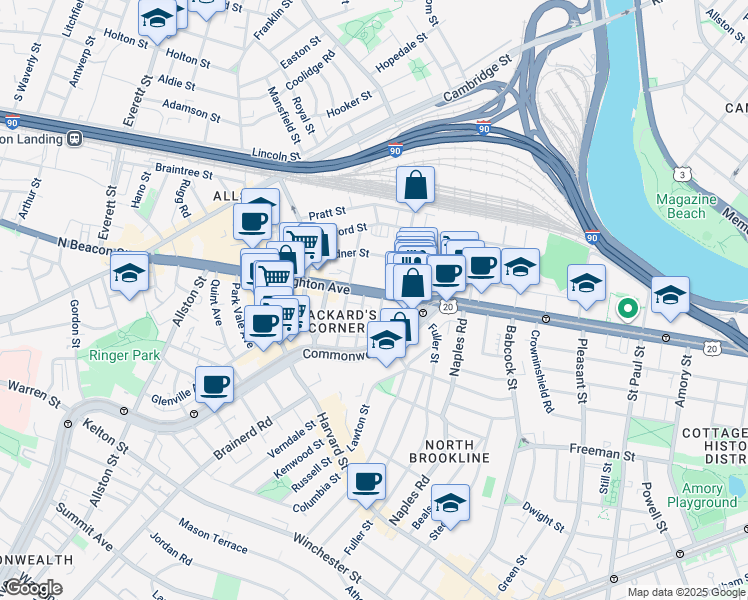 map of restaurants, bars, coffee shops, grocery stores, and more near 39 Brighton Avenue in Boston