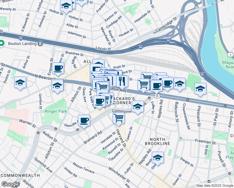 map of restaurants, bars, coffee shops, grocery stores, and more near 100 U.S. 20 in Boston