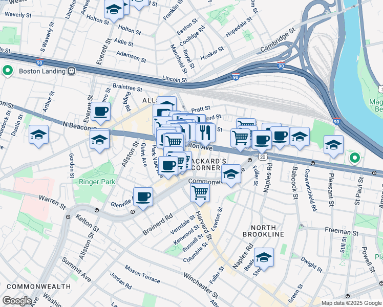 map of restaurants, bars, coffee shops, grocery stores, and more near 100 U.S. 20 in Boston