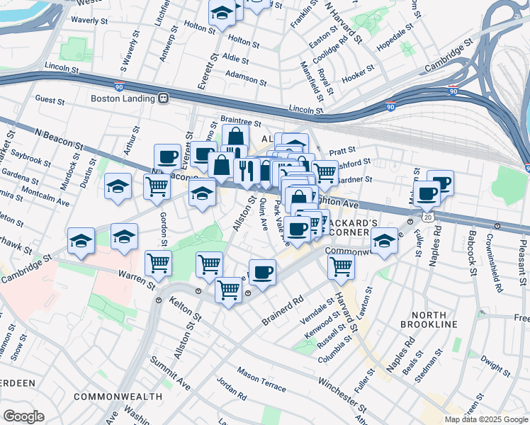 map of restaurants, bars, coffee shops, grocery stores, and more near 21 Quint Avenue in Boston