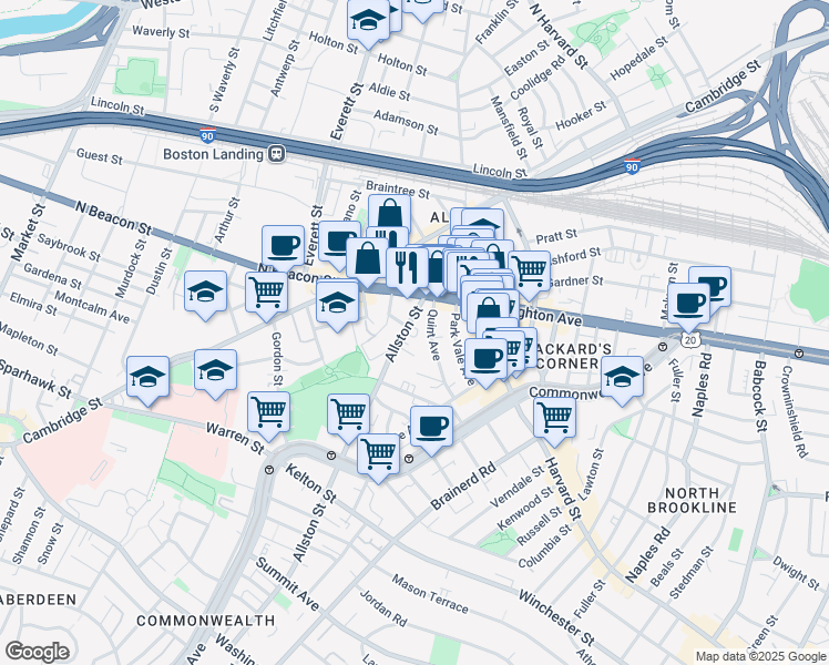 map of restaurants, bars, coffee shops, grocery stores, and more near 21 Quint Avenue in Boston