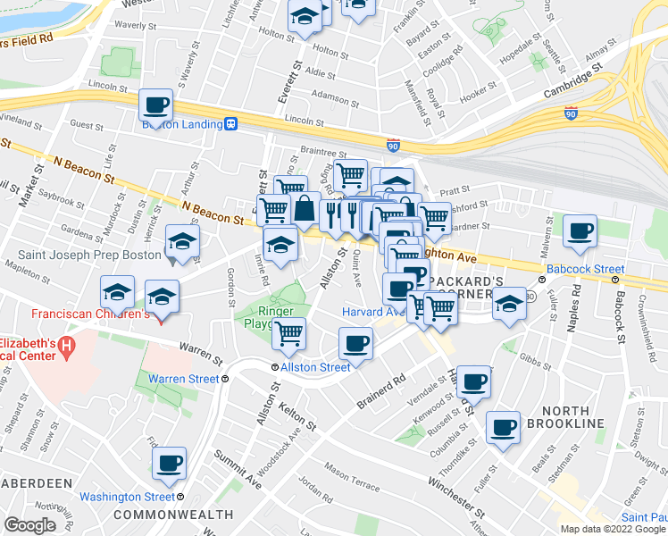 map of restaurants, bars, coffee shops, grocery stores, and more near 21 Quint Avenue in Boston