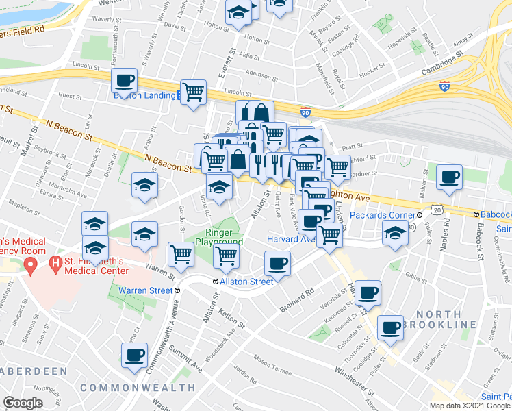map of restaurants, bars, coffee shops, grocery stores, and more near 21-23 Higgins Street in Boston