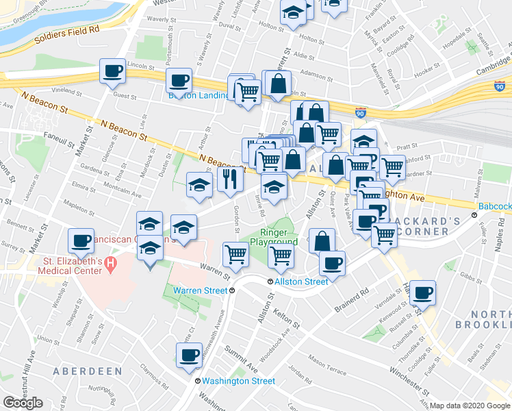 map of restaurants, bars, coffee shops, grocery stores, and more near 4 Imrie Road in Boston