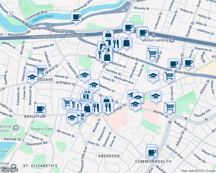 map of restaurants, bars, coffee shops, grocery stores, and more near 90 Glencoe Street in Boston