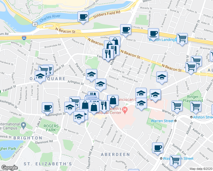 map of restaurants, bars, coffee shops, grocery stores, and more near 2 Mapleton Street in Boston