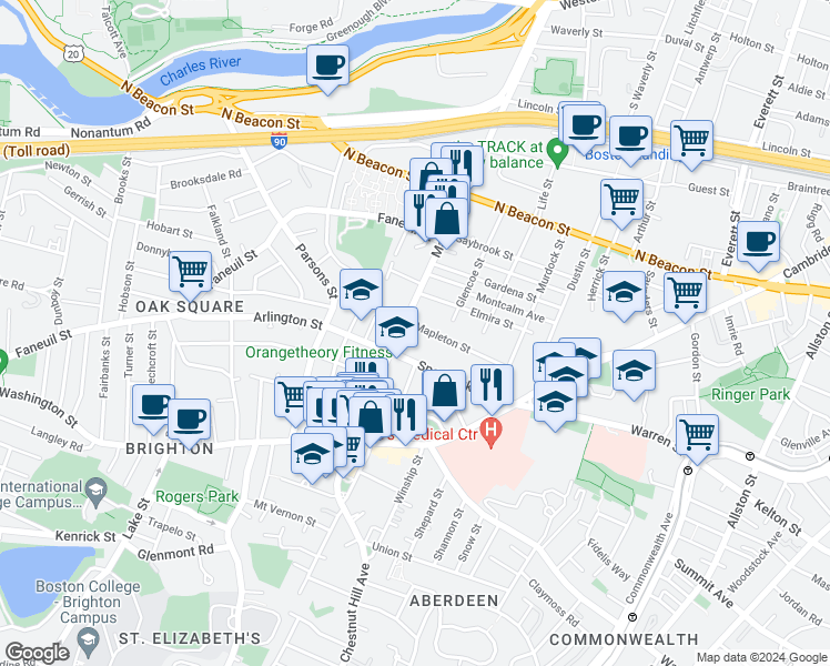 map of restaurants, bars, coffee shops, grocery stores, and more near in Boston
