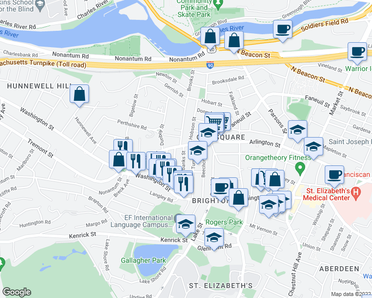 map of restaurants, bars, coffee shops, grocery stores, and more near in Boston
