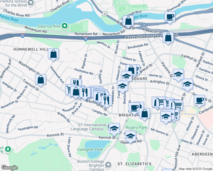 map of restaurants, bars, coffee shops, grocery stores, and more near 335 Faneuil Street in Boston
