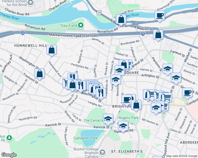 map of restaurants, bars, coffee shops, grocery stores, and more near 335 Faneuil Street in Boston
