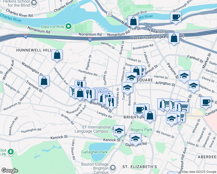 map of restaurants, bars, coffee shops, grocery stores, and more near 335 Faneuil Street in Boston