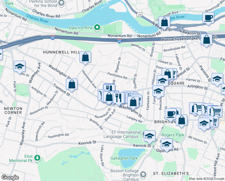map of restaurants, bars, coffee shops, grocery stores, and more near 25 Bigelow Street in Boston