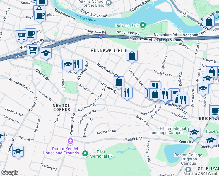 map of restaurants, bars, coffee shops, grocery stores, and more near 30 Playstead Road in Newton