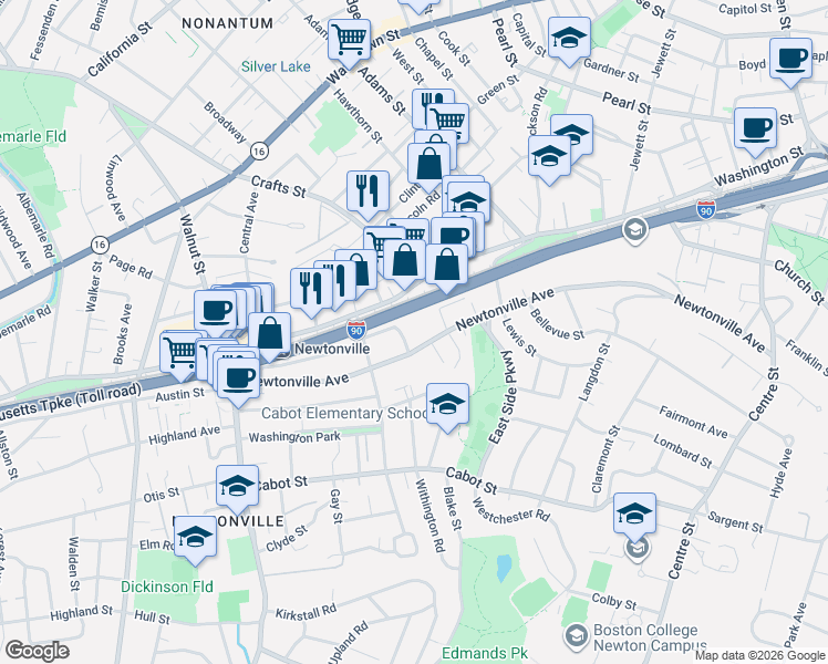 map of restaurants, bars, coffee shops, grocery stores, and more near 34 Farquhar Road in Newton