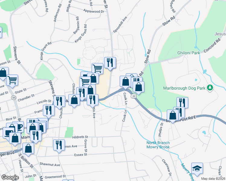 map of restaurants, bars, coffee shops, grocery stores, and more near 328 East Main Street in Marlborough