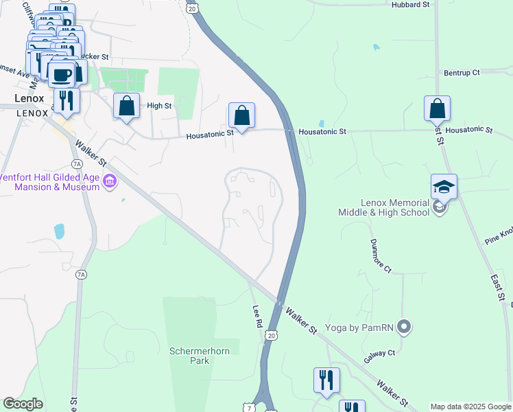map of restaurants, bars, coffee shops, grocery stores, and more near 235 Walker Street in Lenox