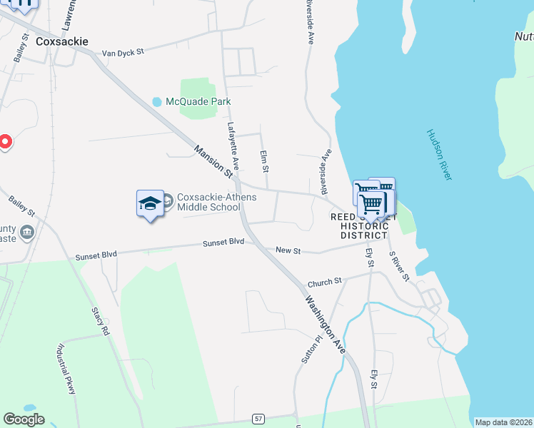 map of restaurants, bars, coffee shops, grocery stores, and more near 5 Hillcrest Street in Coxsackie