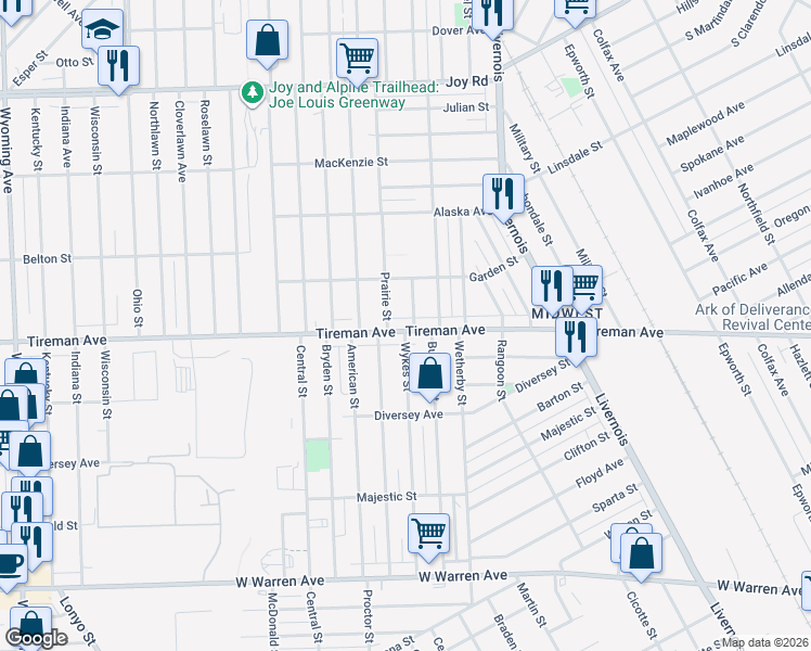map of restaurants, bars, coffee shops, grocery stores, and more near 8025 Wykes Street in Detroit