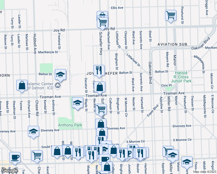 map of restaurants, bars, coffee shops, grocery stores, and more near 8077 Hartwell Street in Detroit