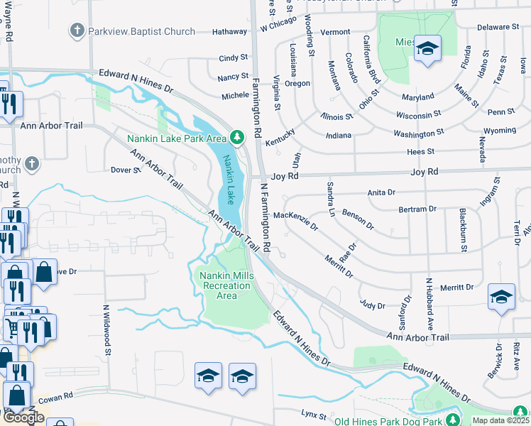 map of restaurants, bars, coffee shops, grocery stores, and more near 8622 North Farmington Road in Westland