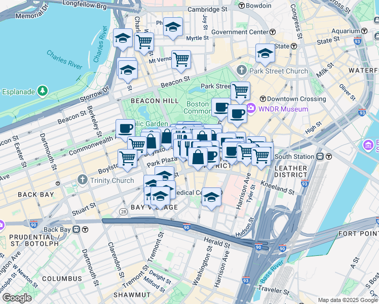map of restaurants, bars, coffee shops, grocery stores, and more near 150 Boylston Street in Boston
