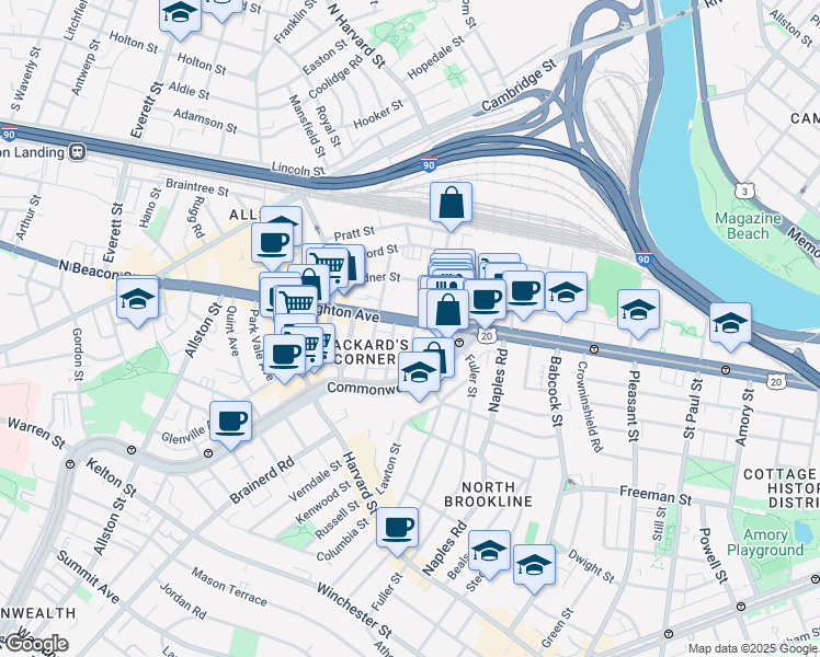 map of restaurants, bars, coffee shops, grocery stores, and more near 39 Brighton Avenue in Boston