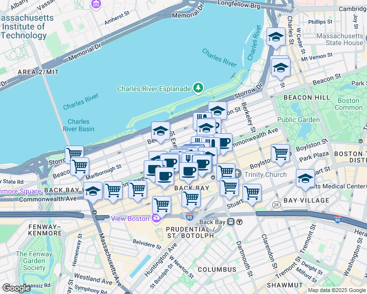 map of restaurants, bars, coffee shops, grocery stores, and more near 193 Marlborough Street in Boston