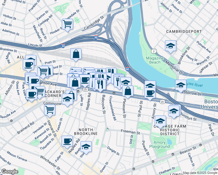map of restaurants, bars, coffee shops, grocery stores, and more near 989 Commonwealth Avenue in Boston