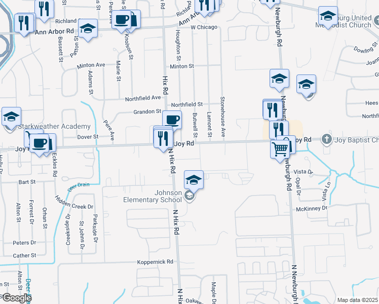 map of restaurants, bars, coffee shops, grocery stores, and more near 8560 North Hix Road in Westland