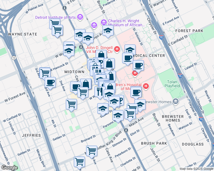 map of restaurants, bars, coffee shops, grocery stores, and more near 27 East Willis Street in Detroit
