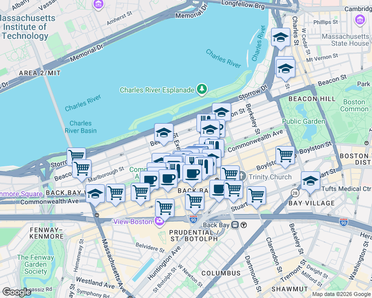 map of restaurants, bars, coffee shops, grocery stores, and more near 193 Marlborough Street in Boston