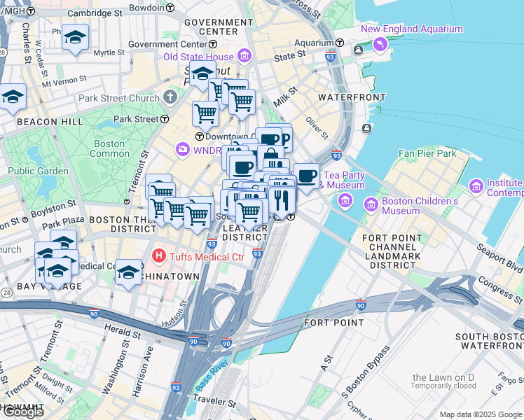 map of restaurants, bars, coffee shops, grocery stores, and more near in Boston