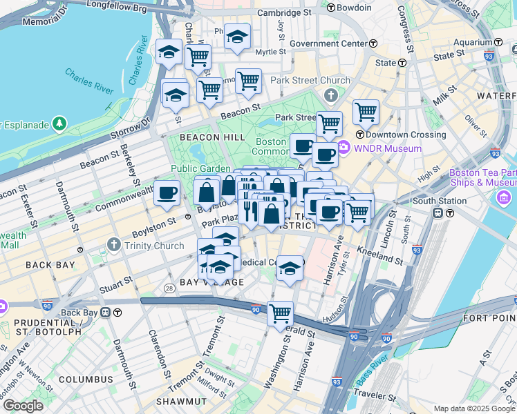 map of restaurants, bars, coffee shops, grocery stores, and more near 150 Boylston Street in Boston