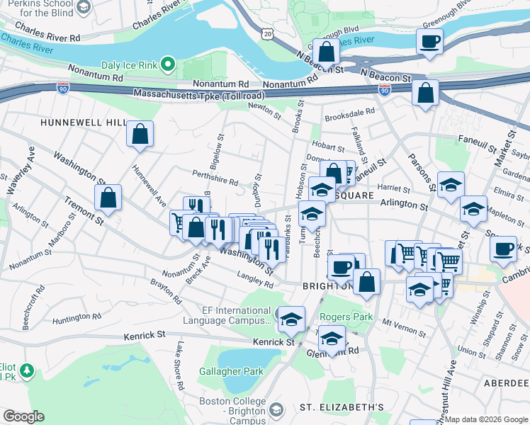 map of restaurants, bars, coffee shops, grocery stores, and more near 335 Faneuil Street in Boston