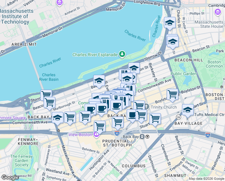 map of restaurants, bars, coffee shops, grocery stores, and more near 190 Marlborough Street in Boston
