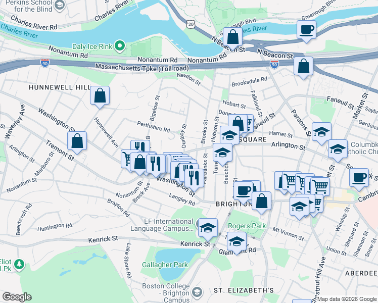 map of restaurants, bars, coffee shops, grocery stores, and more near 335 Faneuil Street in Boston
