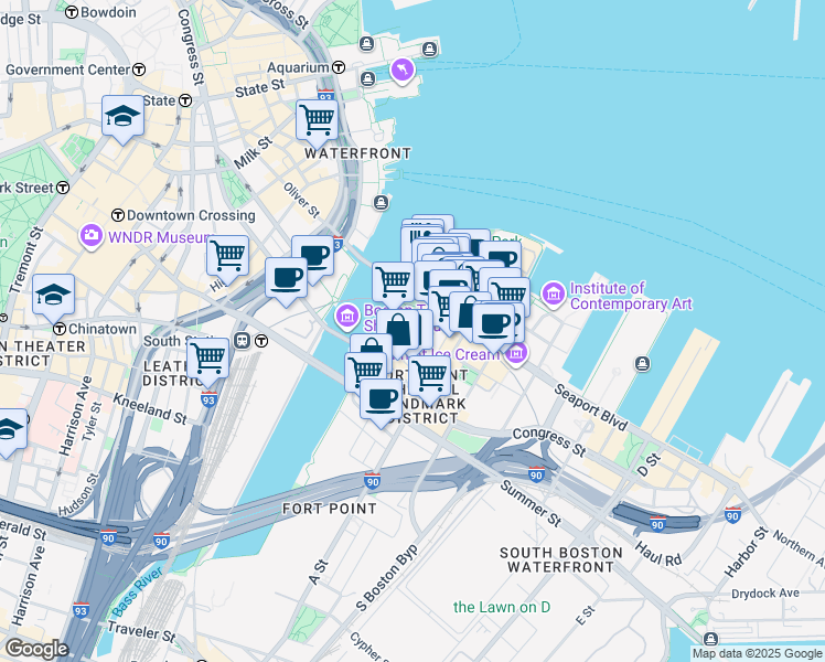 map of restaurants, bars, coffee shops, grocery stores, and more near 28-36 Sleeper Street in Boston