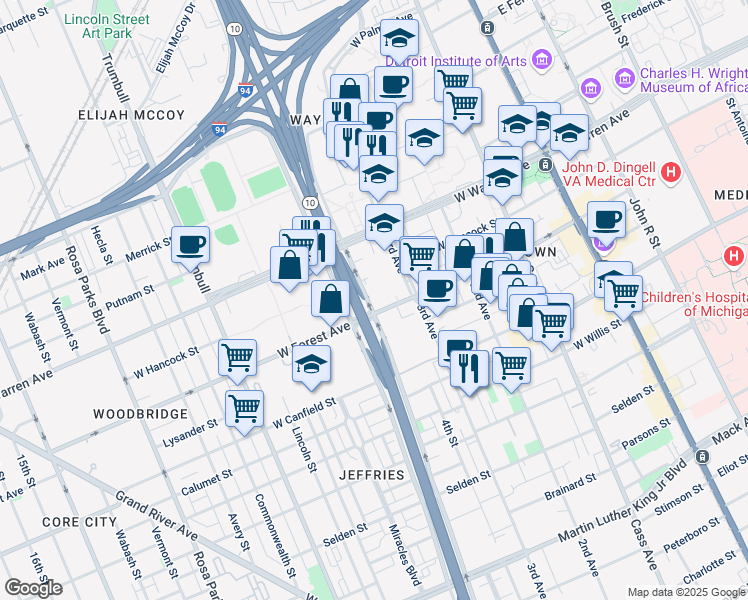 map of restaurants, bars, coffee shops, grocery stores, and more near 4707 Anthony Wayne Drive in Detroit