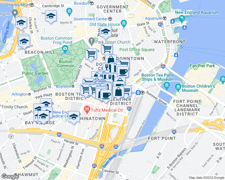 map of restaurants, bars, coffee shops, grocery stores, and more near 125 Kingston Street in Boston