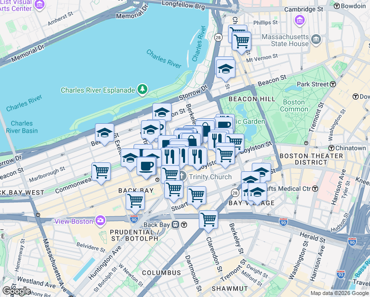 map of restaurants, bars, coffee shops, grocery stores, and more near in Boston