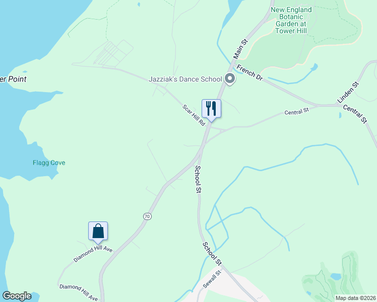 map of restaurants, bars, coffee shops, grocery stores, and more near 2-18 Cottonwood Place in Boylston