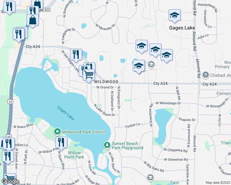 map of restaurants, bars, coffee shops, grocery stores, and more near 33704 North Oakland Drive in Grayslake