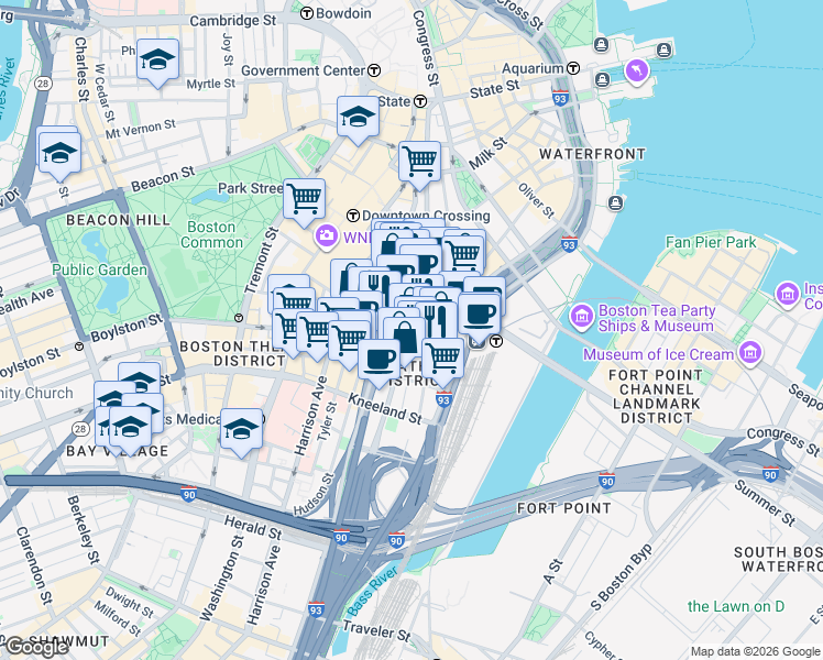 map of restaurants, bars, coffee shops, grocery stores, and more near 1 Lincoln Street in Boston