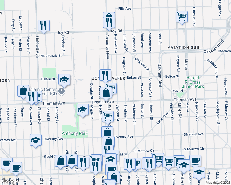 map of restaurants, bars, coffee shops, grocery stores, and more near 8077 Hartwell Street in Detroit