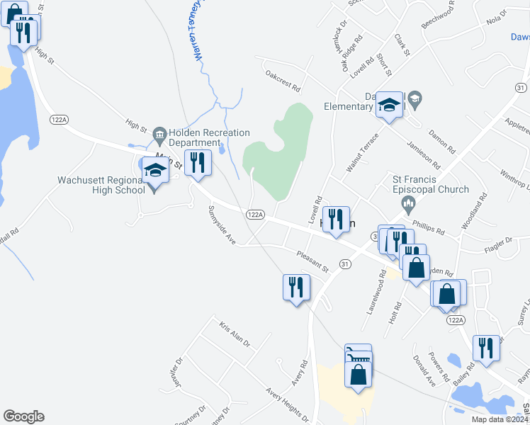 map of restaurants, bars, coffee shops, grocery stores, and more near 1296 Main Street in Holden