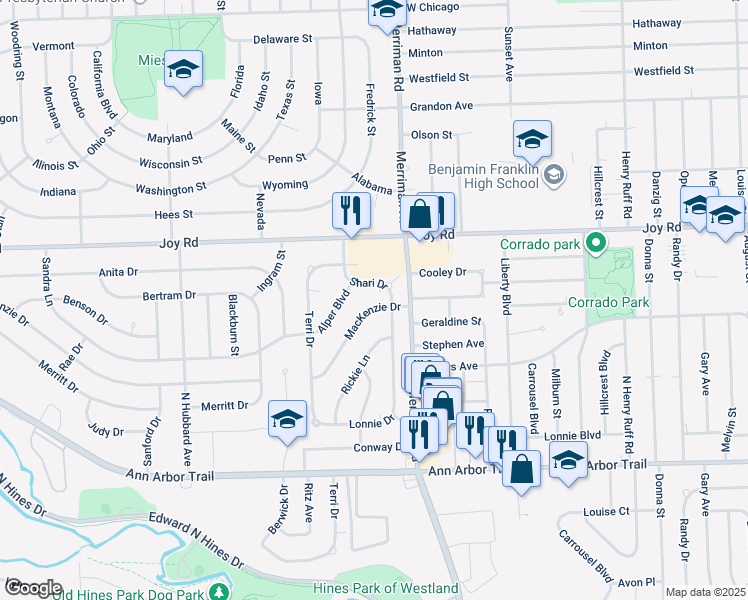 map of restaurants, bars, coffee shops, grocery stores, and more near 8681 Shari Drive in Westland