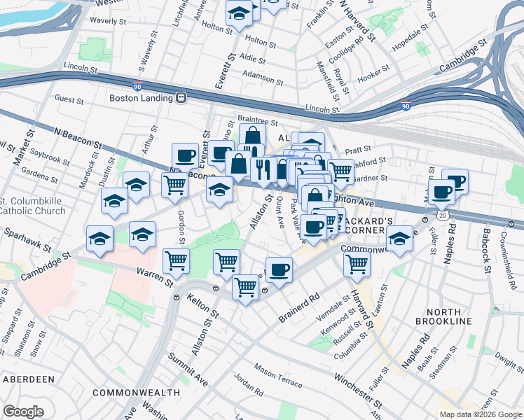 map of restaurants, bars, coffee shops, grocery stores, and more near 21 Quint Avenue in Boston