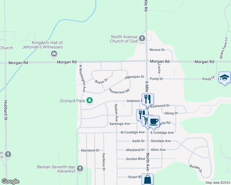 map of restaurants, bars, coffee shops, grocery stores, and more near 174 Homecrest Road in Battle Creek