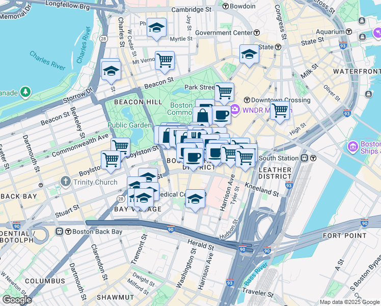 map of restaurants, bars, coffee shops, grocery stores, and more near 80 Boylston Street in Boston